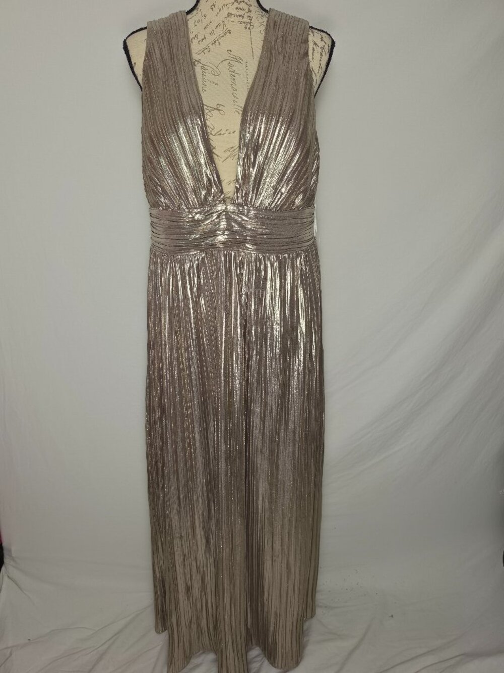 Siena Metallic Pleated Sleeveless V-Neck Maxi Dress Size 16 NWT